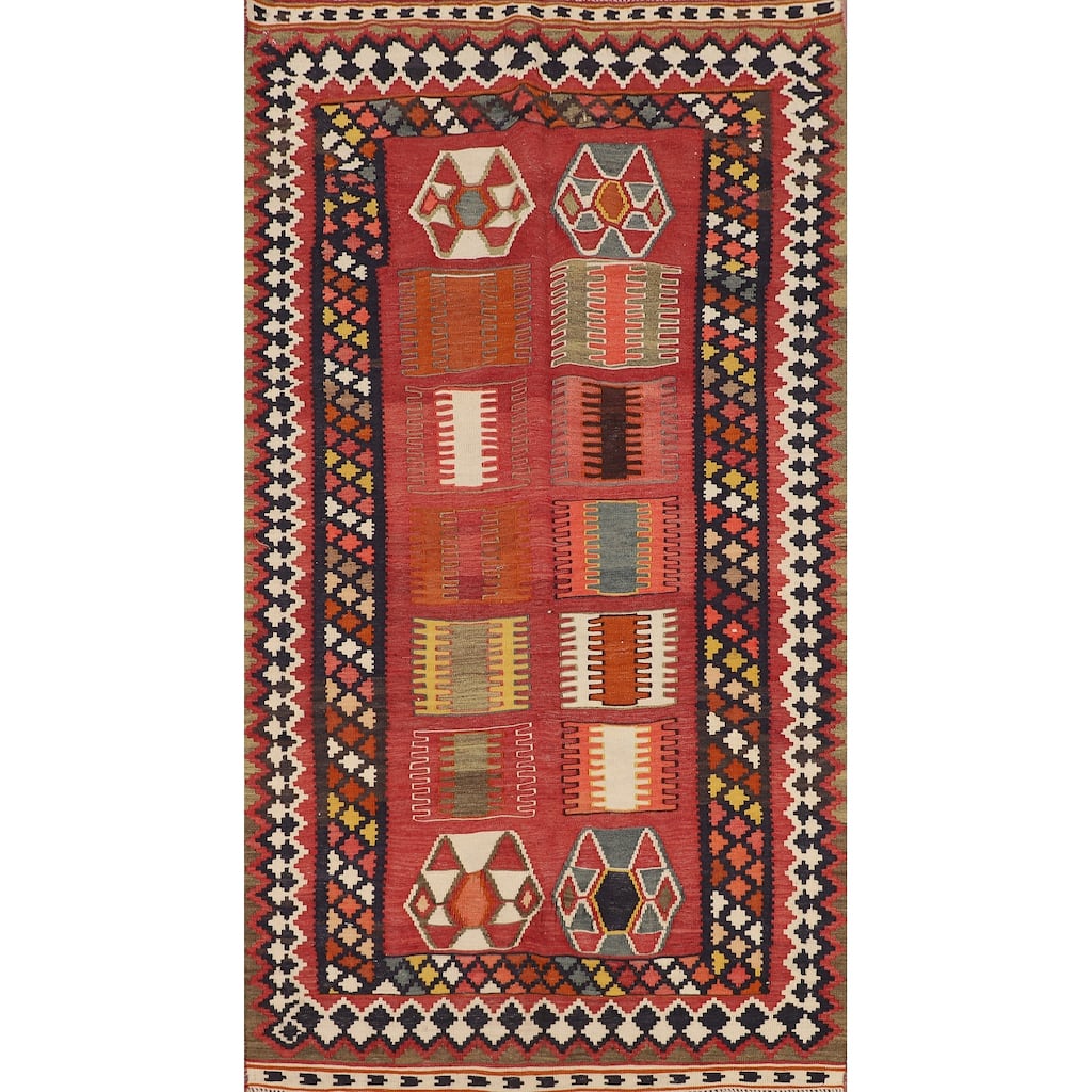 Kilim Qashqai Persian Vintage Rug Hand-Woven Red Tribal Wool Carpet - 5'5"x 9'9"