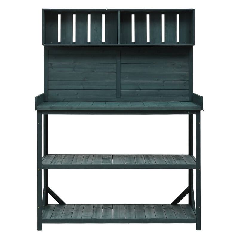 65" Large Wooden Farmhouse Rustic Outdoor Potting Bench Table, Patio Workstation with 4 Storage Shelves and Side Hook