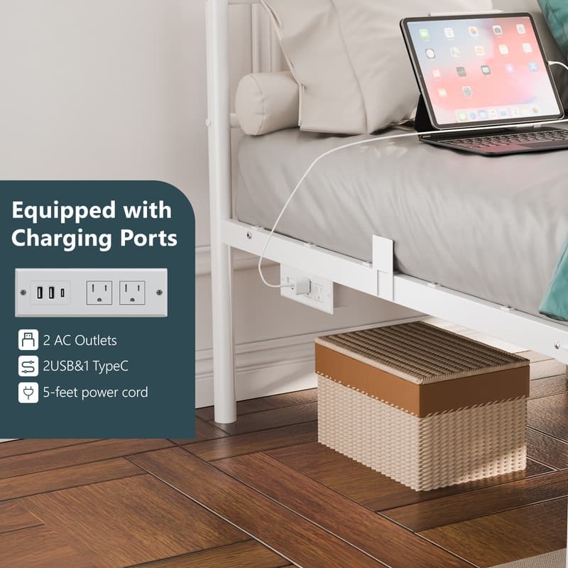 Full Size Metal Platform Bed with RGB LED Lights,Charging Station,Heavy Duty,Remote and App Control,Under Bed Storage