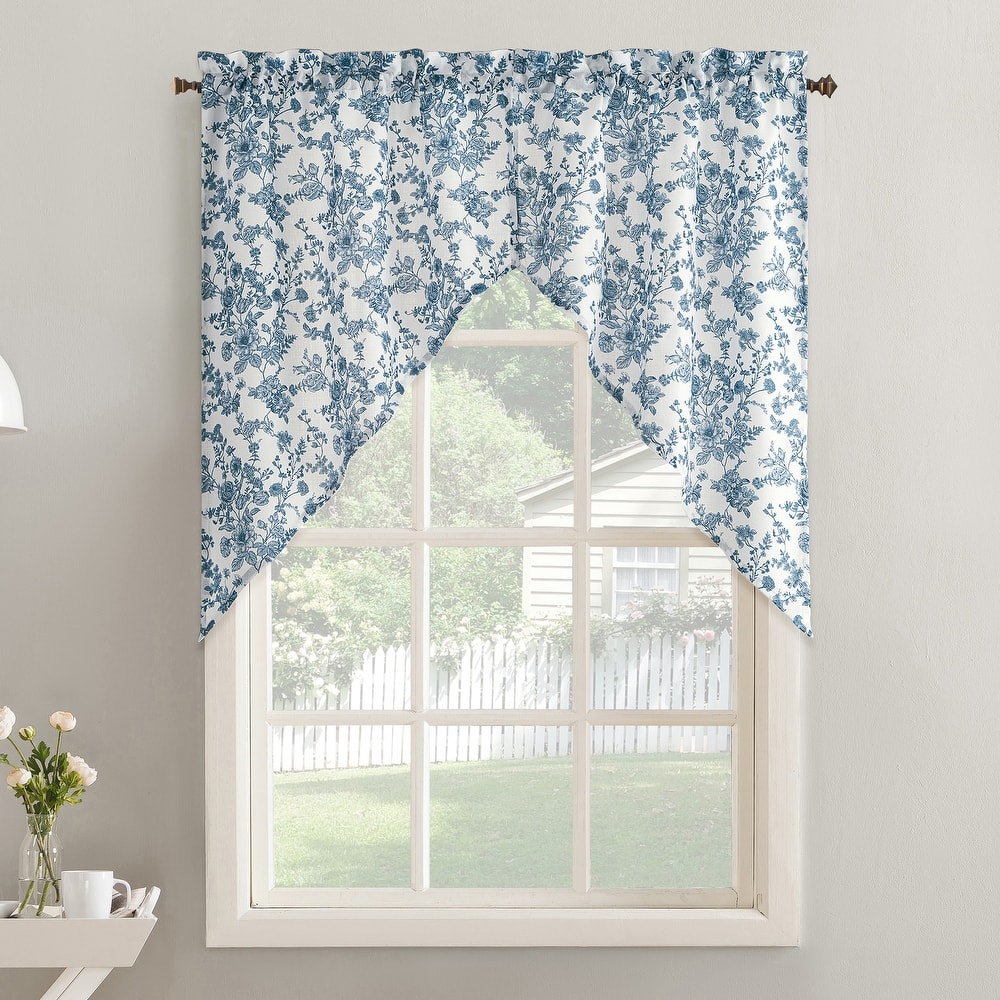 No. 918 Elara 2-Piece Tonal Botanical Semi-Sheer Rod Pocket Kitchen Curtain Swag Pair