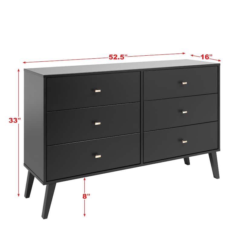 Prepac Milo Mid-Century Modern 6 Drawer Double Dresser for Bedroom, Chest of Drawers, Contemporary Bedroom Furniture