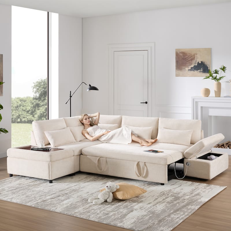 Chenille Modular Sectional Sleeper Sofa Bed with Storage Ottoman - Light Khaki+Beige