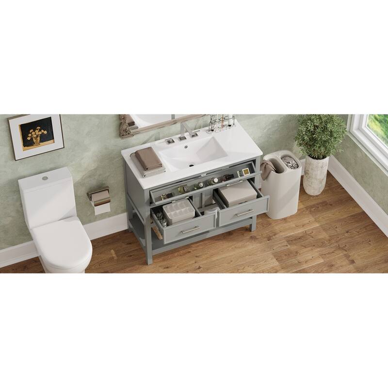 Bathroom Vanity with Sink, Multi-Functional Wood Bathroom Cabinet, Vanities Set with Open Shelf, Tip-Out Tray & 2 Drawers