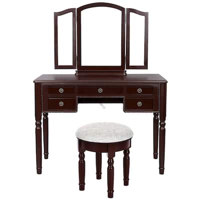 43 Inch 3 Piece Vanity Desk Set with Elegant Trifold Mirror and a Cushioned Stool, Espresso Brown Solid Wood