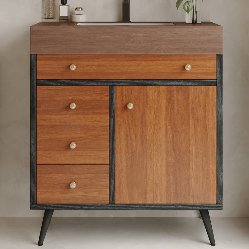 GDFStudio - Bristol Modern 29.9" Freestanding Bathroom Vanity with Sintered Stone Top, Ceramic Sink & Stainless Steel Legs