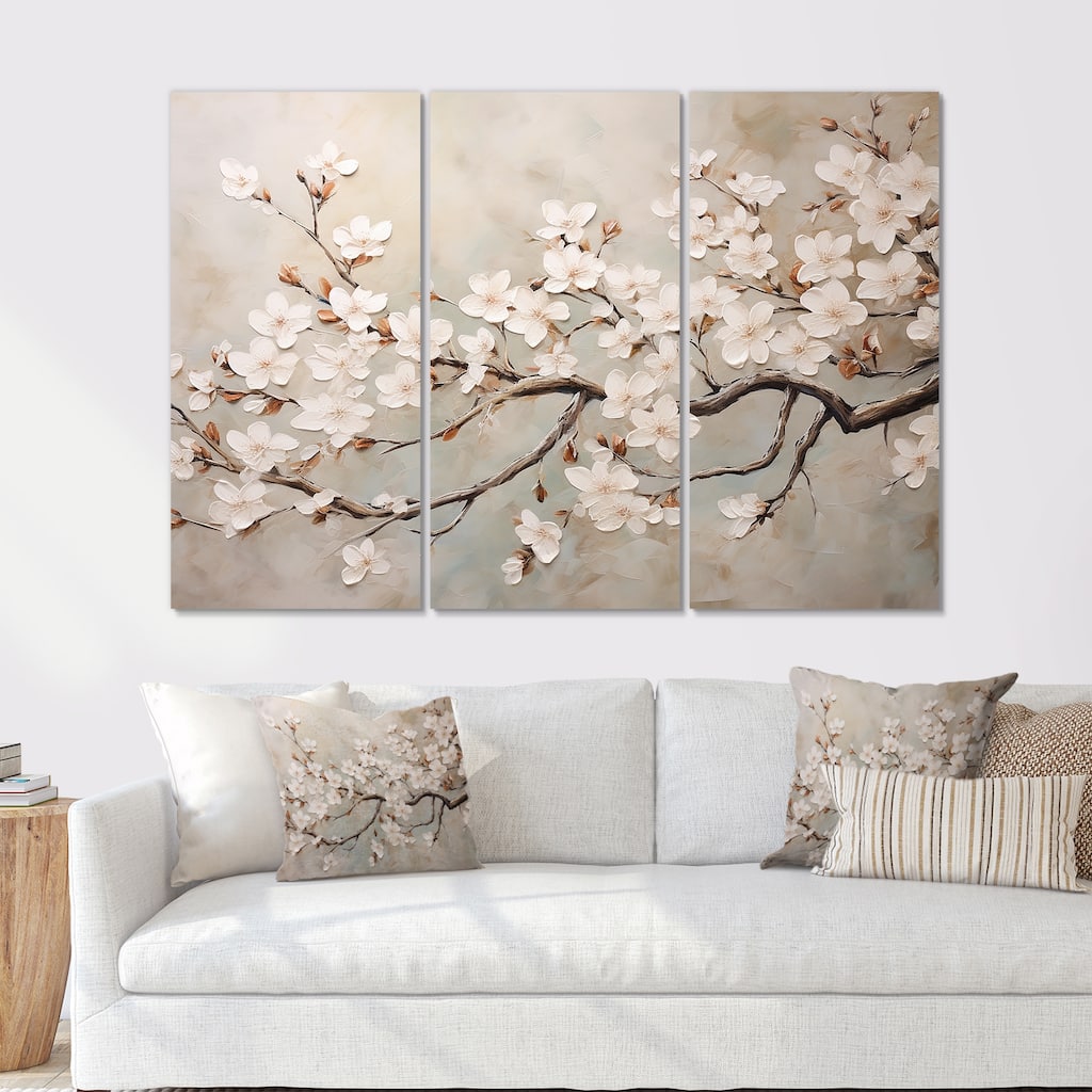 Designart "Minimalism White And Grey Cherry Blossom III" Cherry Blossom Canvas Set of 3 Traditional Wall Art 3 Pieces