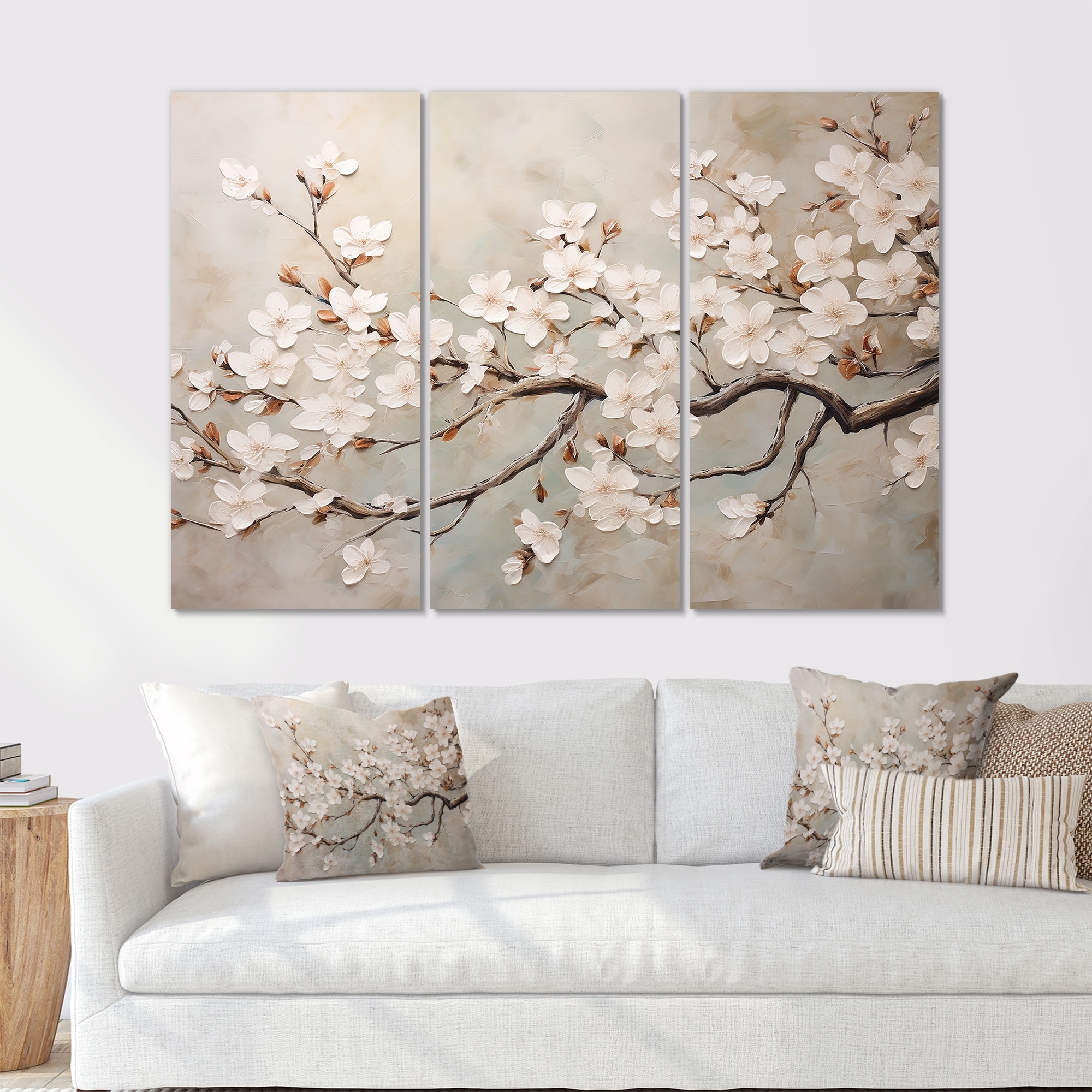 Designart "Minimalism White And Grey Cherry Blossom III" Cherry Blossom Canvas Set of 3 Traditional Wall Art 3 Pieces