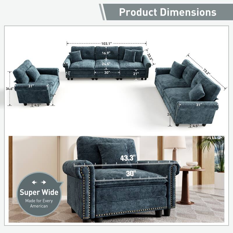 MASION ARTS 3-Piece Modular Sectional Sofa, Oversized Cloud Couch with Armchairs/Loveseats, Deep Seat Sofa (5–7 Seats)