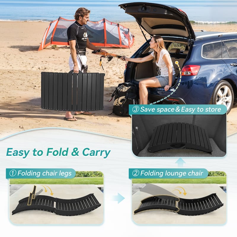 2-Piece Folding HDPS Plastic Outdoor Pool Chaise Lounges with Headrest Cushion