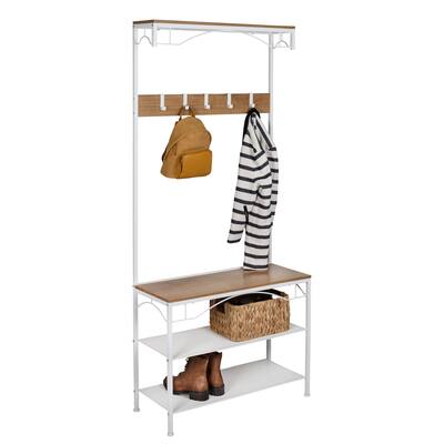 Coat Rack Bench with Shoe Storage and Top Shelf, White/Natural