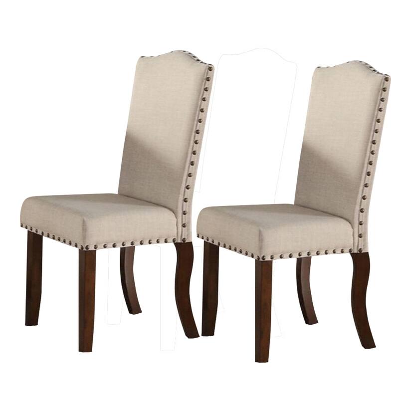 Rubber Wood Dining Chair With Nail Head Trim, Set Of 2, Brown And Cream - 40 H x 23 W x 18 L Inches