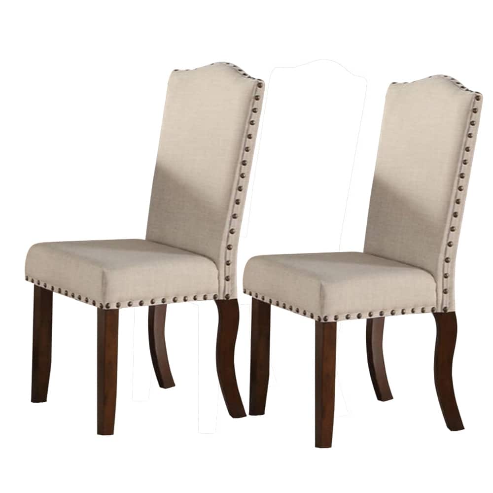 Rubber Wood Dining Chair With Nail Head Trim, Set Of 2, Brown And Cream - 40 H x 23 W x 18 L Inches