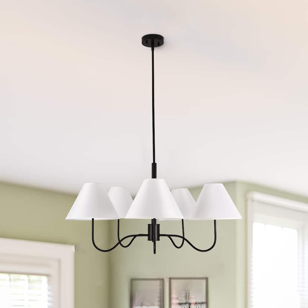 Contemporary 5 - Light Chandelier, Black Metal Frame with White Fabric Shades - Matte Black
