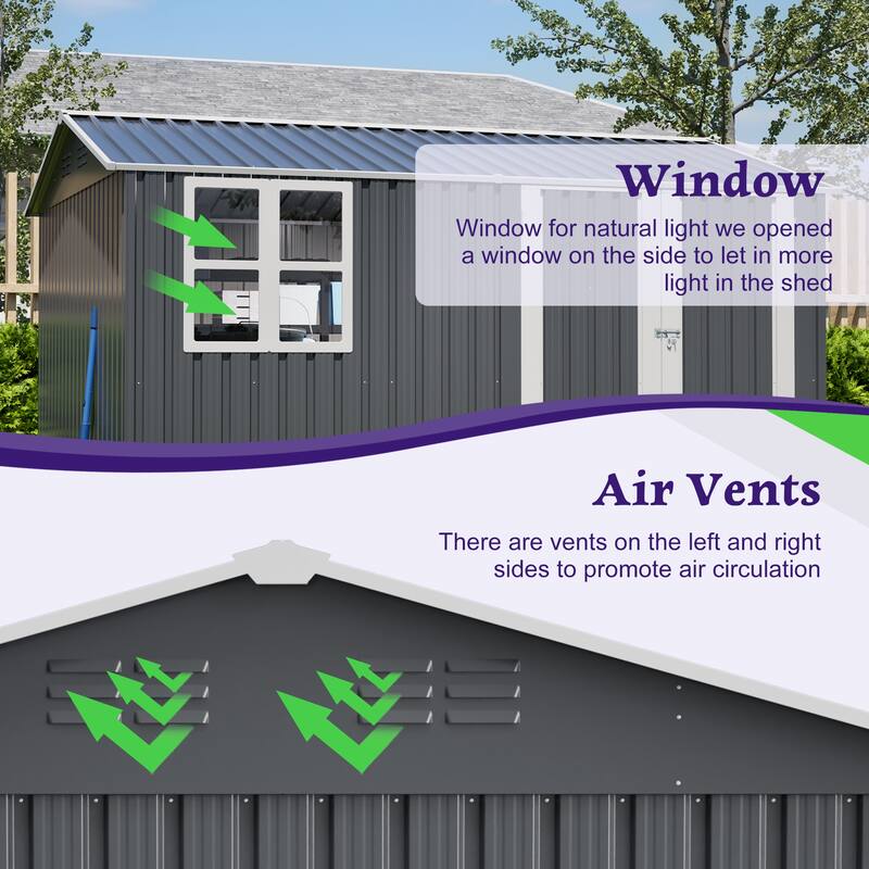 10x8 FT Weather-Resistant Steel Shed with Clear Window & Lockable Doors