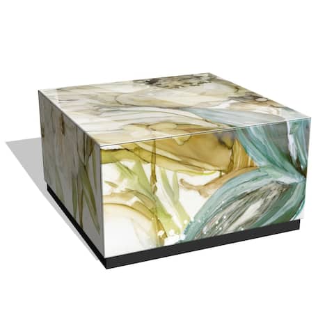 "Seaglass Garden II" by Elizabeth Franklin Reverse Printed Beveled Art Glass Cocktail Table with Black Plinth Base
