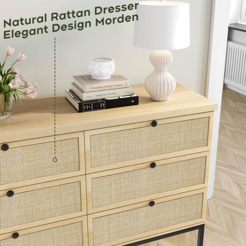 Boho Natural Rattan 6-Drawer Dresser