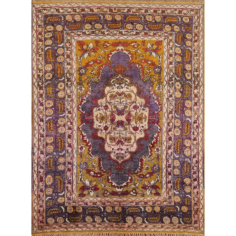 Hand Knotted Oriental Silk Carpet Transitional Medallion Purples Anatolian Area Rug - 5' 2'' X 4' 0''