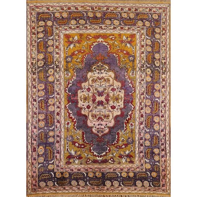Hand Knotted Oriental Silk Carpet Transitional Medallion Purples Anatolian Area Rug - 5' 2'' X 4' 0''