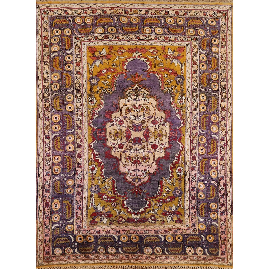 Hand Knotted Oriental Silk Carpet Transitional Medallion Purples Anatolian Area Rug - 5' 2'' X 4' 0''