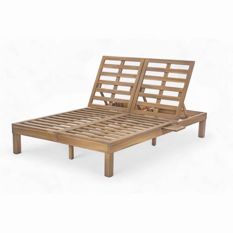 Outdoor Patio Acacia Wood Double Daybed Sunbed with Adjustable Backrest and Folding Side Trays