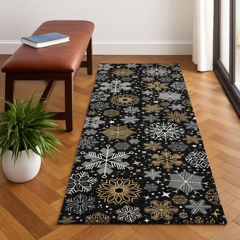 Premium Washable Super Soft Winter Snowflake Mayfield Rug - Black - 2'3" x 7'6"