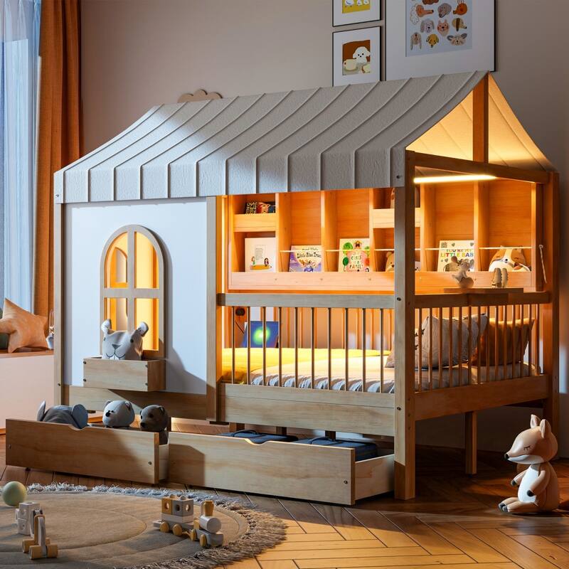 Full Size House Bed with 2 Drawers, Side Bookshelf with LED Strip - Natural