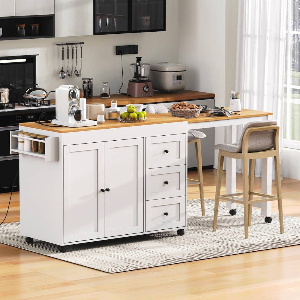 Kitchen Island with Extendable Dining Table, Kitchen Storage Cart with 3 Drawers, Power Outlet