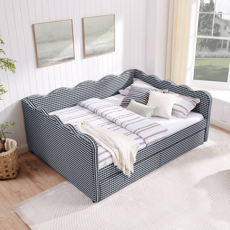 Full/Queen Gingham Daybed with 2 Storage Drawers, USB Port & Wave Shaped Linen Fabric