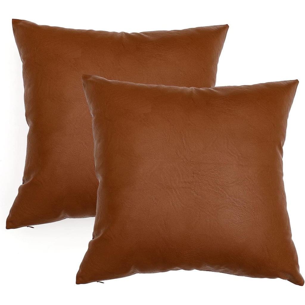 Set of 2 Faux Leather Throw Pillow Covers, Thick Cognac Modern Solid