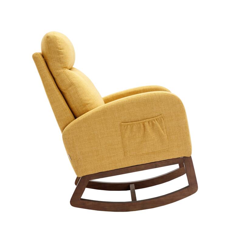 Linen High-Back Rocking Chair with Recliner Function, Side Pocket, and Solid Wood Legs
