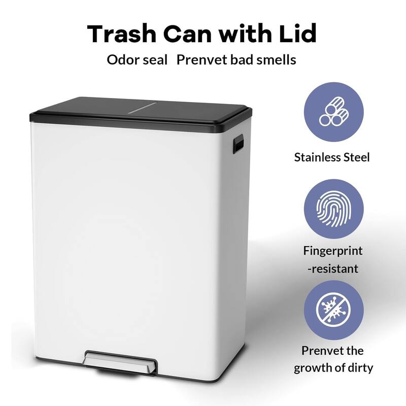 2 x 8 Gallon (2 x 30 L) Stainless Steel Step Trash Can, Dual Compartment with Removable Buckets, Soft-Close Lid