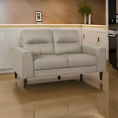 Willow 56 Inch Loveseat, Beige Top Grain and Faux Leather, Solid Wood