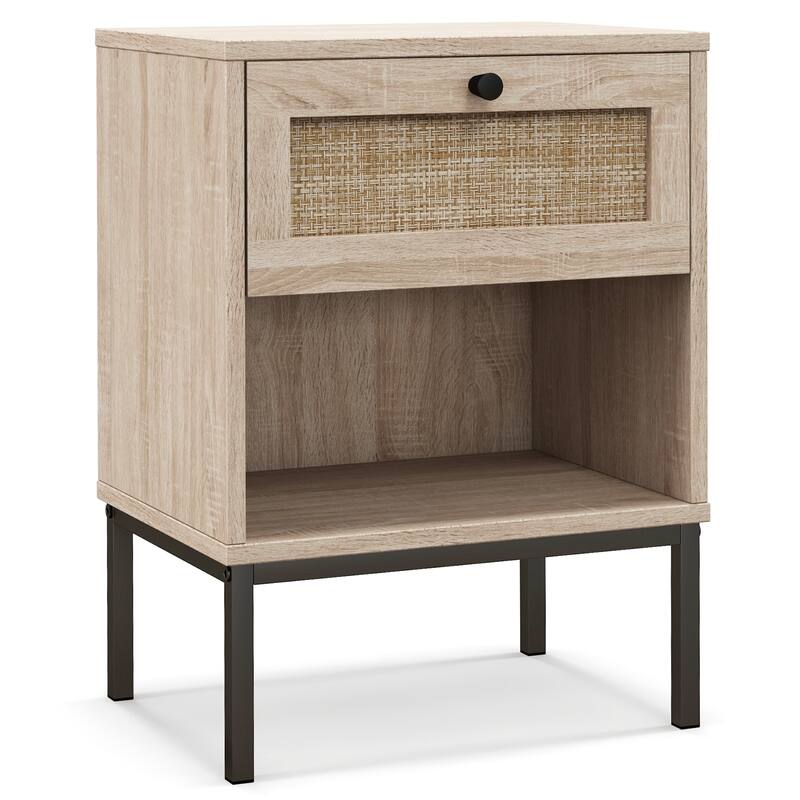 Rattan Nightstand Boho End Table with Rattan Drawer & Open Shelf
