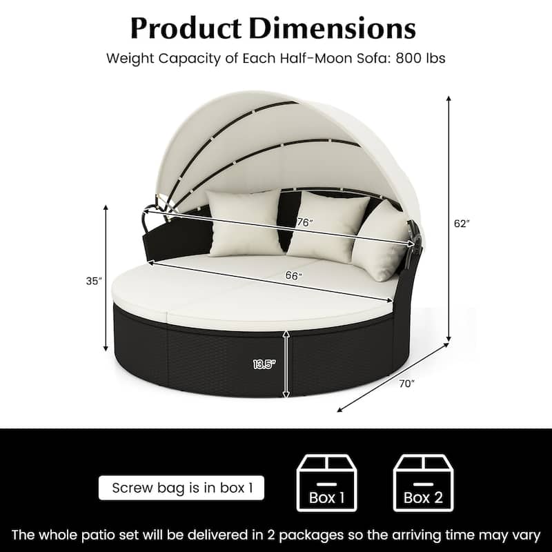 Gymax Patio Round Daybed Wicker Daybed w/ Retractable Canopy Separated
