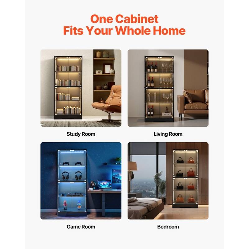 Black MDF Glass Display Cabinet 4-Tier with 3-Color LED Lighting - 28.82 × 13.86 × 65.16 inch