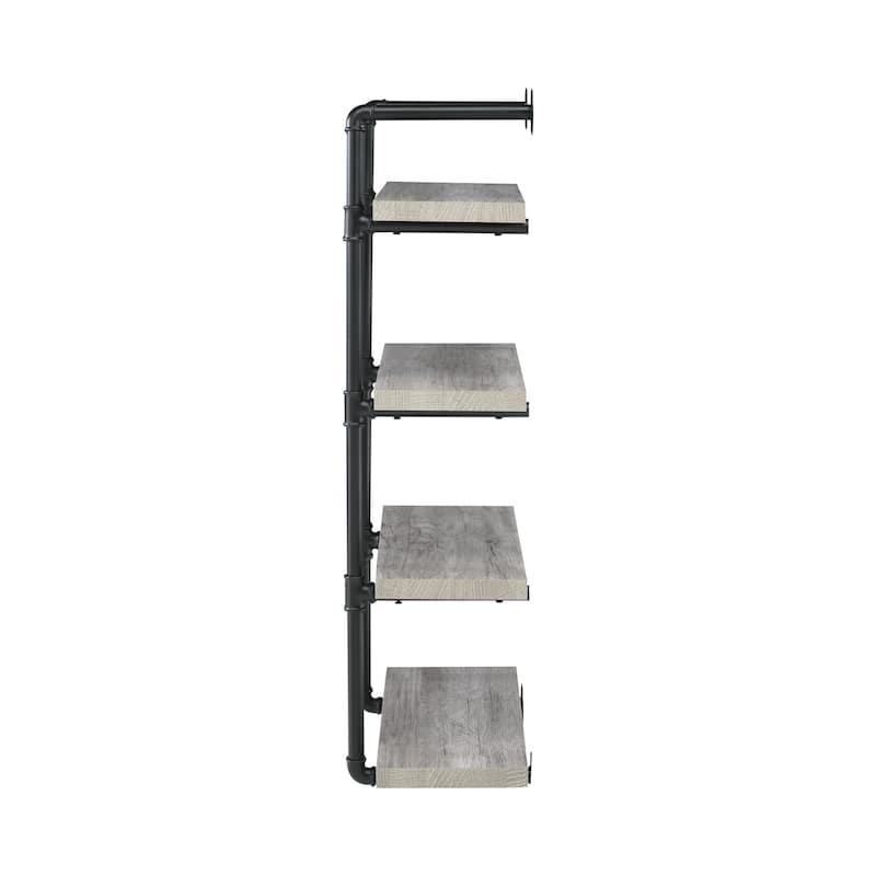 24 Inches 4 Tier Wood and Metal Wall Shelf, Gray and Black