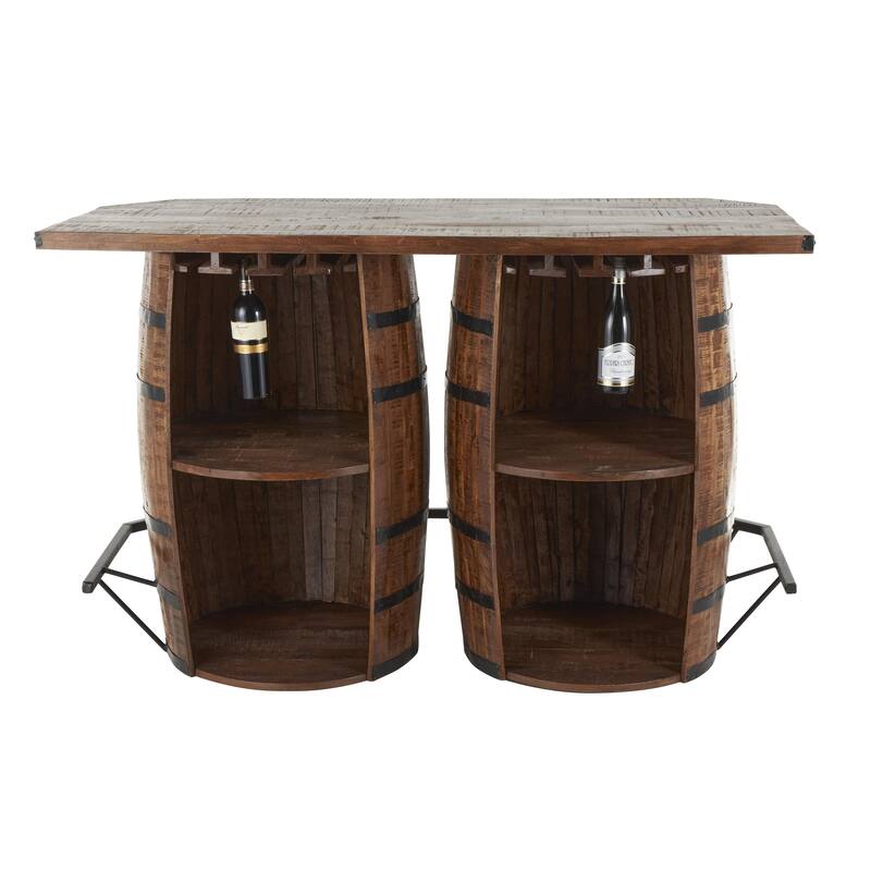 Mango Wood Barrels Bar with Live Edge Tabletop and Black Metal Support - Brown - Roche River Decor