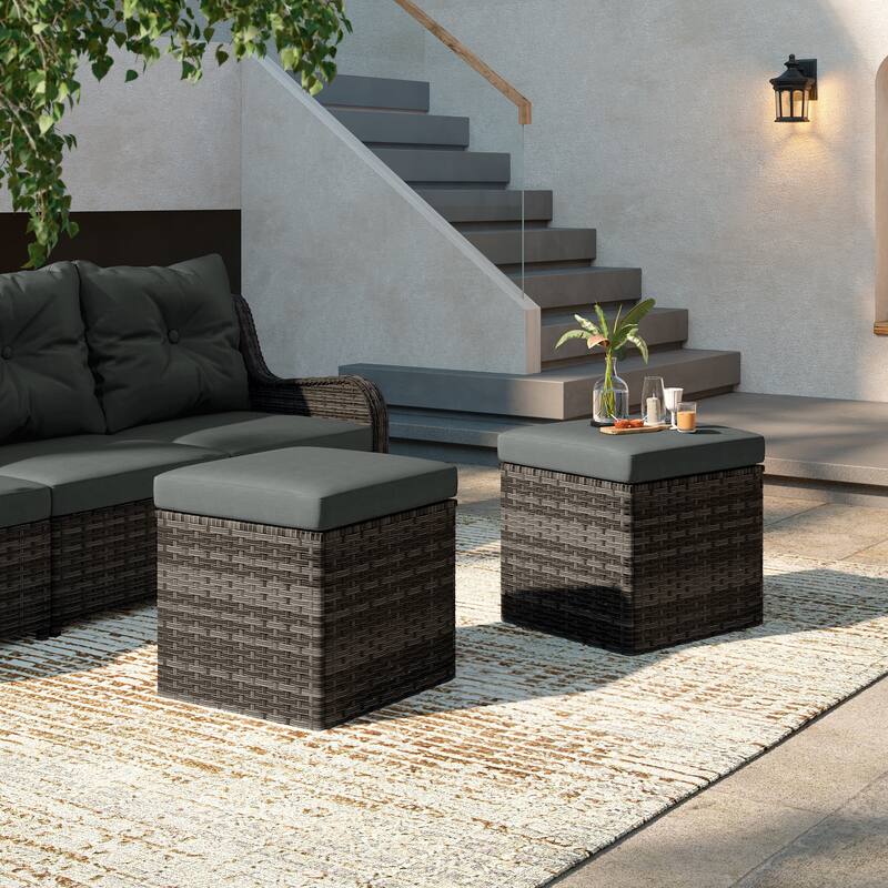 Outdoor Wicker Square Storage Ottoman with Plush Cushion(Set of 2)