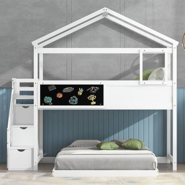 slide 2 of 38, Elegant and Playful Style, House Bunk Bed with Storage Staircase and Blackboard and Solid Construction White