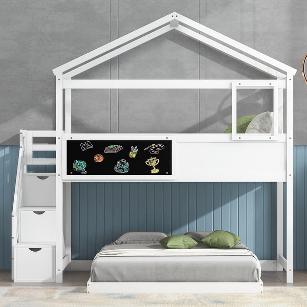 slide 2 of 19, Twin Over Full House Bunk Bed with Storage Stairs - Fun & Functional White - Full