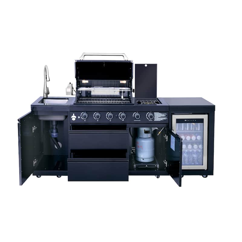 GDFStudio Xaviron Stainless Steel Outdoor Kitchen Island Grill with 4 Burners, Rotisserie and Refrigerator