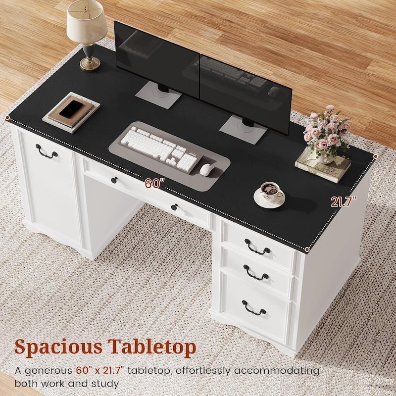 Executive Desk with Drawers Computer Desk File Drawers Power Outlet LED Lights Storage Cabinet