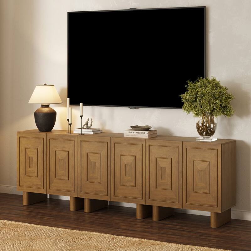 Austin Mid Century Modern Solid Wood Bar Cabinet or Dining Room Buffet with Geometric Doors - Set of 3