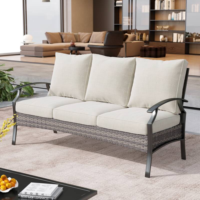 Uixe Outdoor Patio 3 Seater All-Weather Wicker Sofa Couch Deep Seat - Beige