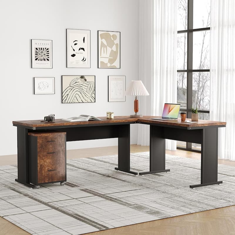 83" L-Shaped Executive Desk, Large L Office Desk with 3-Drawer Mobile File Cabinet, Business Furniture Desk Workstation