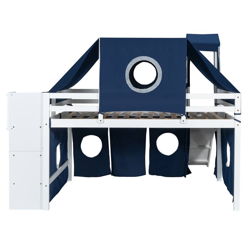Roomfitters Full Size Loft Bed with Slide, Tent Canopy and Tower, Multi-Functional Sleep Space