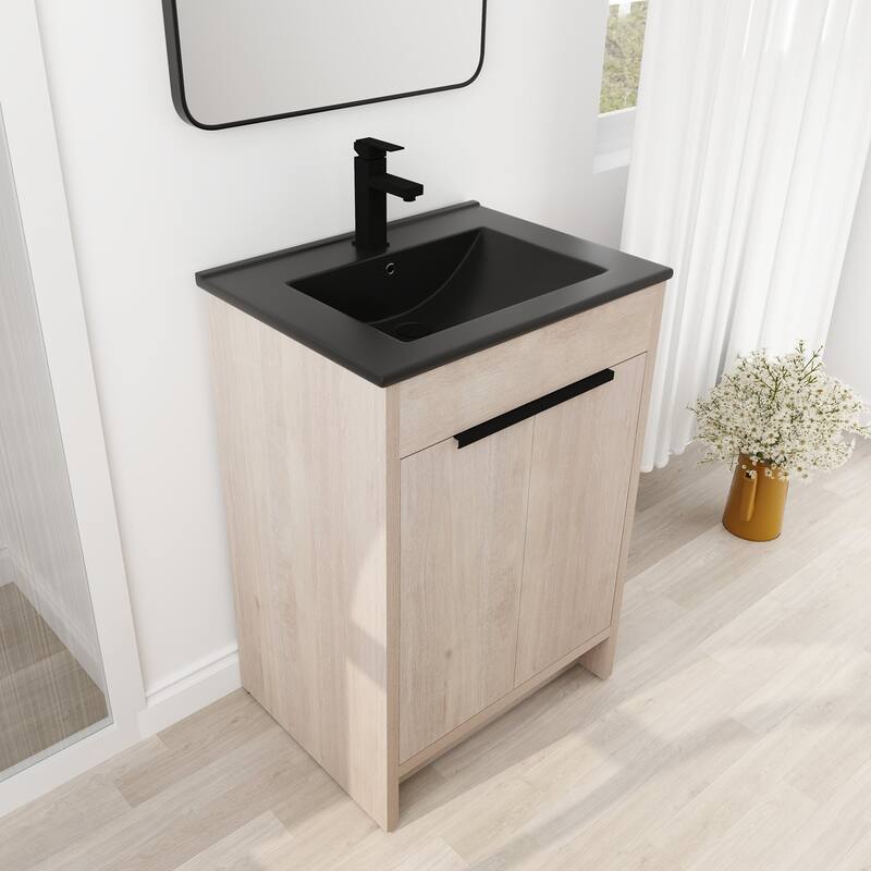 24 Inch Plywood Freestanding Bathroom Vanity With Adjustable Shelf and Black Integrated Ceramic Sink