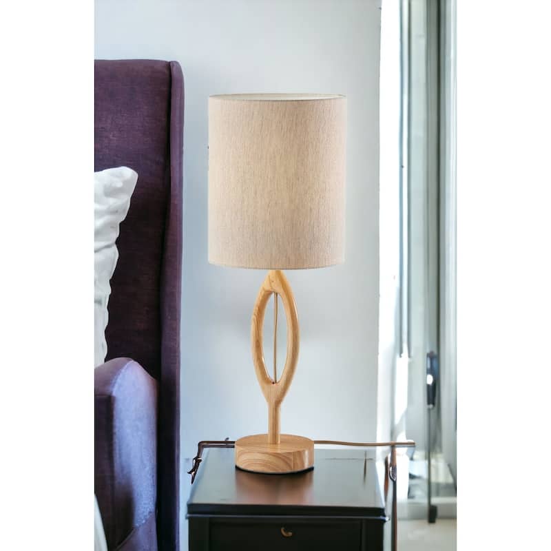 HomeRoots 28" Natural Solid Wood Round Table Lamp With Beige Drum Shade - 10
