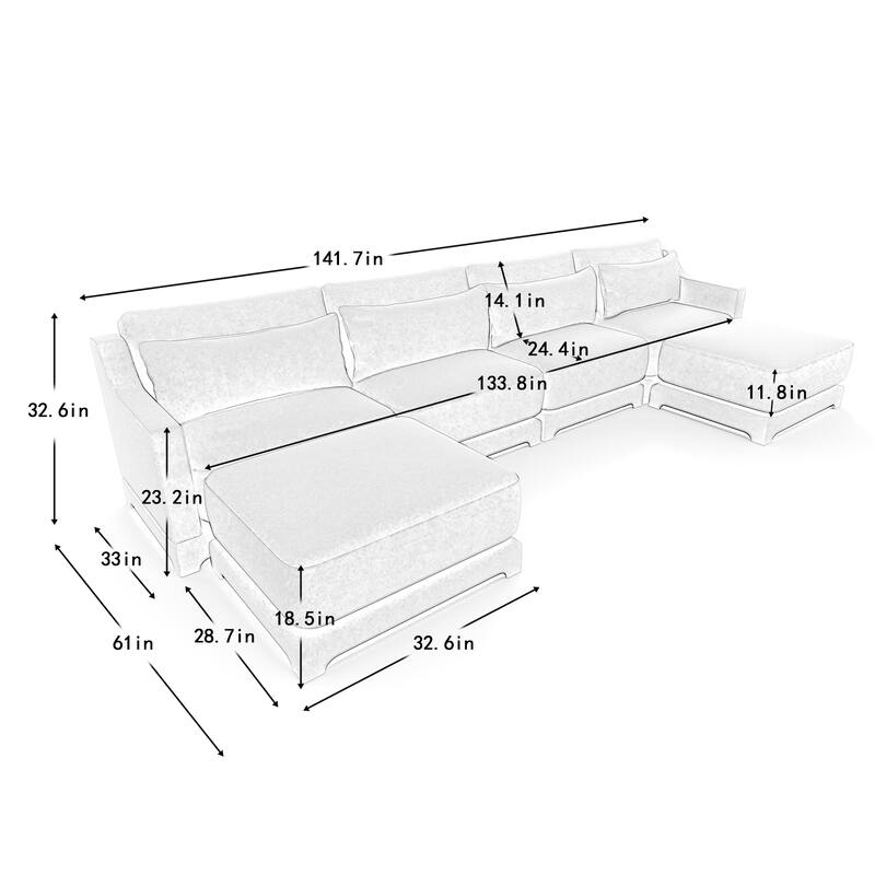 Modern Chenille 4-Seater Sofa with 2 Ottoman, Lumbar Cushions, Ergonomic Backrest, High-Resilience Spongeand Tufted Armrests