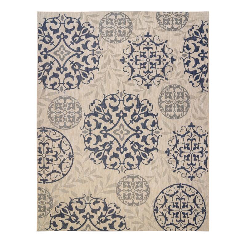 Gertmenian Paseo Emilia Beige/Navy Casual Medallion Indoor/ Outdoor Area Rug